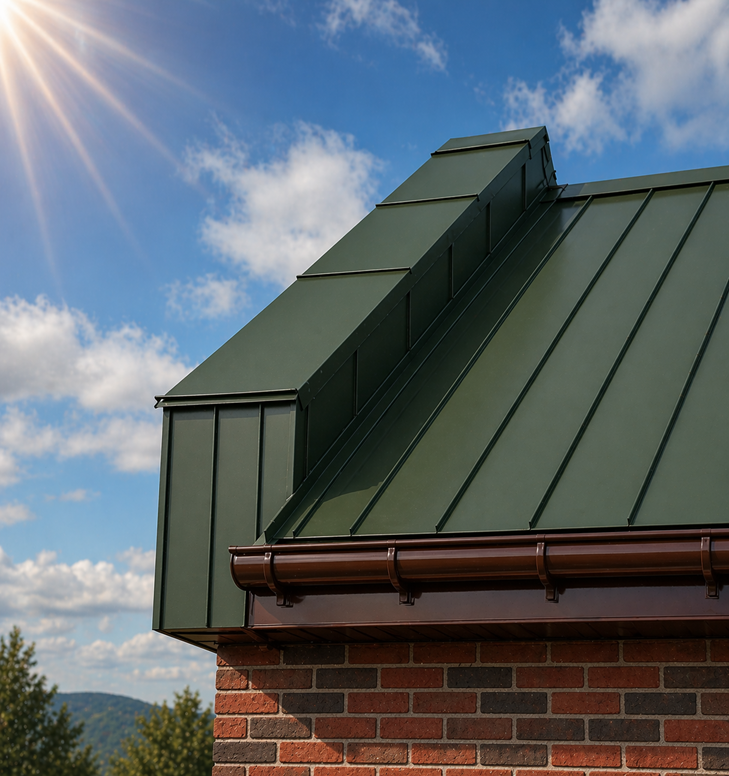 Nowoczesny dach z blachy na rąbek w kolorze zielonym RAL 6020 mat, obróbka attyki i pionowej ściany również z blachy, brązowa rynna RAL 8017 połysk oraz elewacja z czerwono-czarnej cegły klinkierowej w słoneczny dzień.