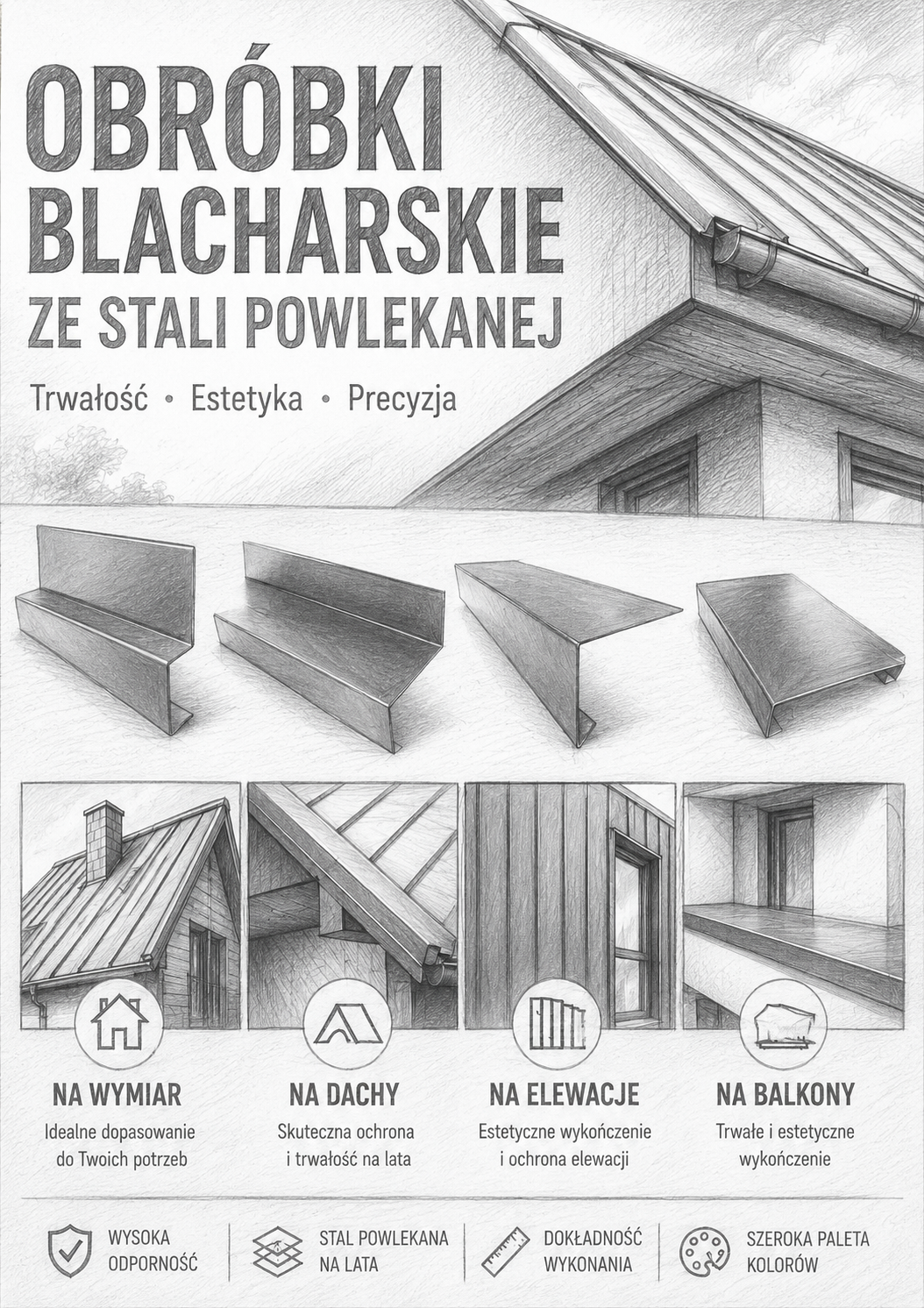 Obróbki blacharskie ze stali powlekanej wykonywane na wymiar do dachów, elewacji i balkonów – szkic produktowy