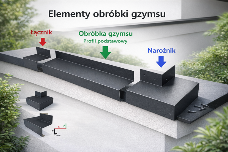 Obróbki gzymsu z aluminium - system z narożnikiem i łącznikiem